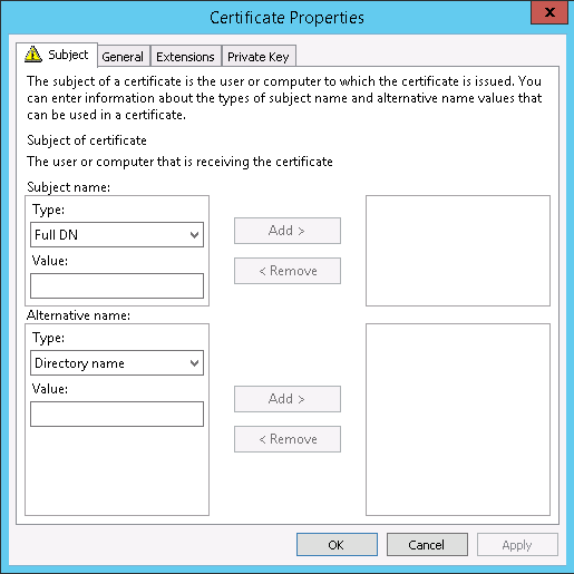 Subject Name And Alternate Subject Name In The Subject Setting Of The Certificate Properties