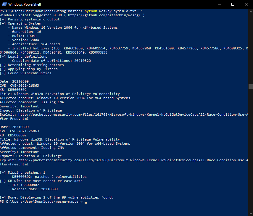 Wes Ng Filter To Print Only Exploit Available Critical Vulnerabilities