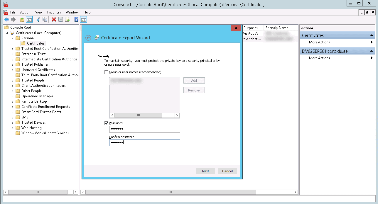 Select Security Options To Export The Certificate