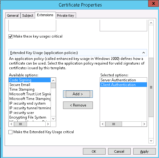 Extended Key Usage Extension Settings In Certificate Properties