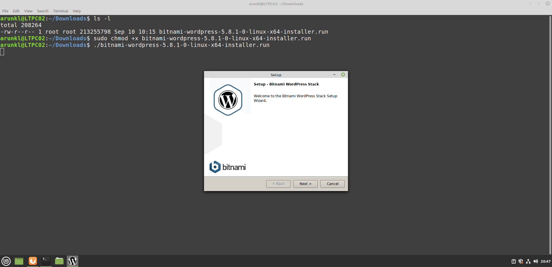 Initiate Bitnami Wordpress Set Up Wizard