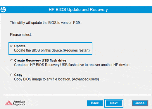 Select Update In The Bios Update And Recovery Window