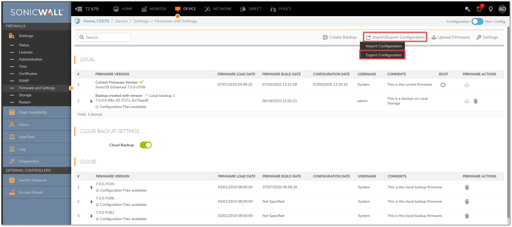 Backup All The Settings In Sonicos