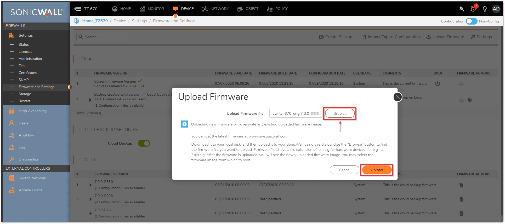 Importing The New Firmware To Sonicos