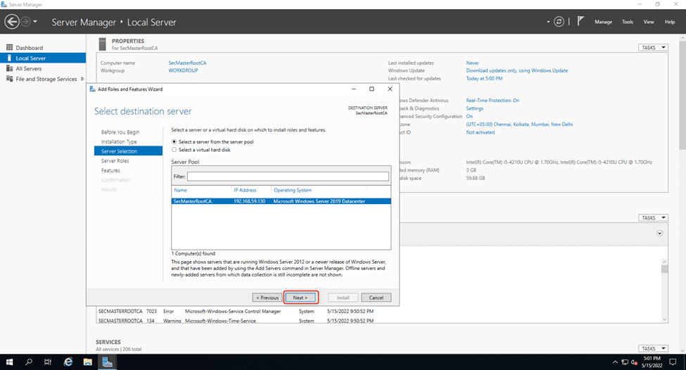 Select The Server On That You Are Going To Install The Adcs Role