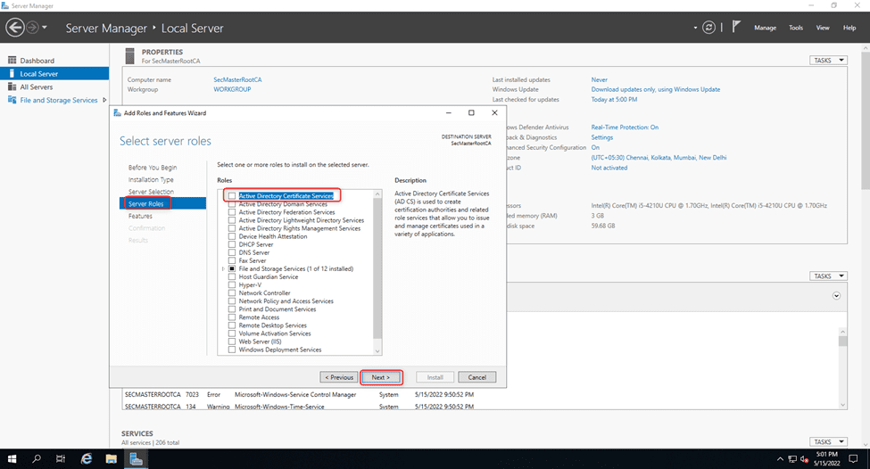 Select Active Directory Certificate Services Role