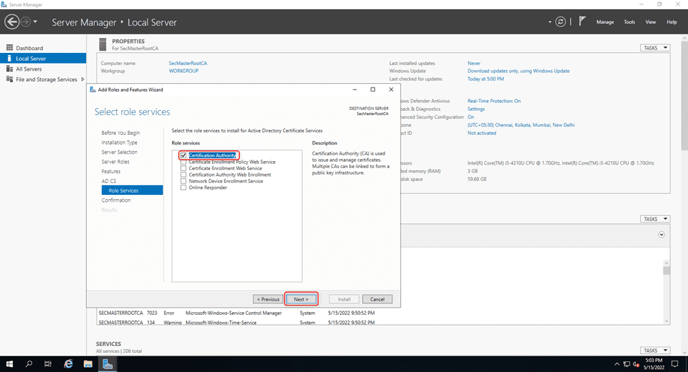 Select Certificate Authority Role 1