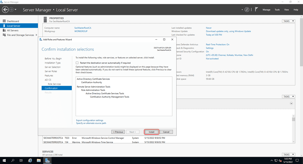 Begin The Installation Of Certificate Authority Role