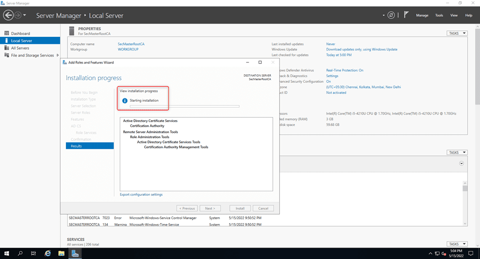 Installation Of Certificate Authority Role In Progress