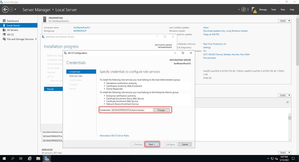 Select The Administrator Account In The Adcs Configuration Wizard