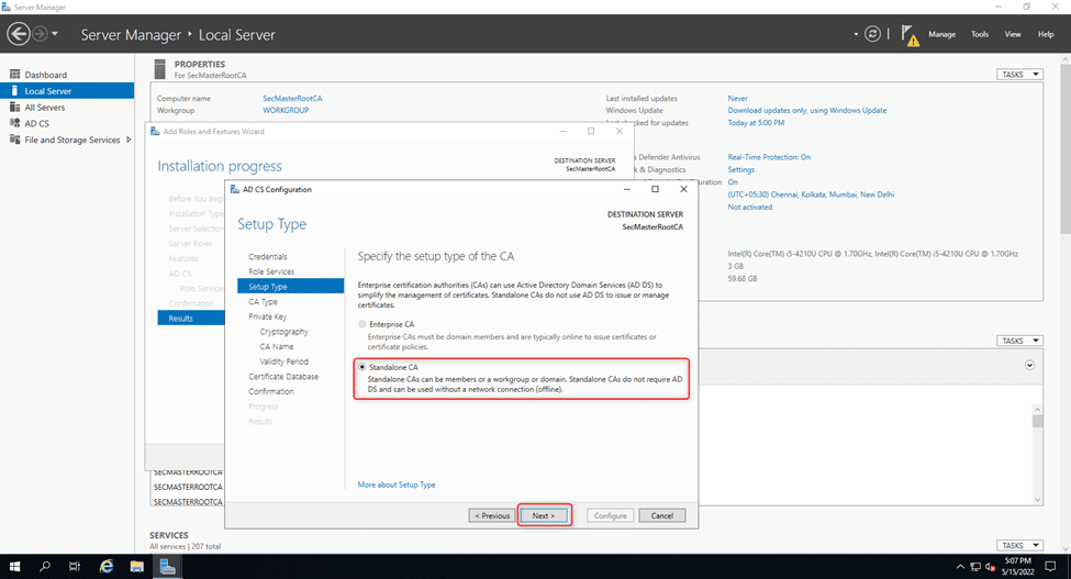 Select The Standalone Ca In The Adcs Configuration Wizard