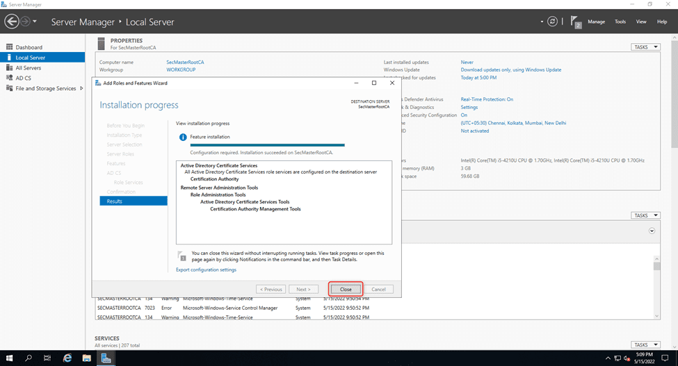 Close The Certificate Authority Configuration Wizard