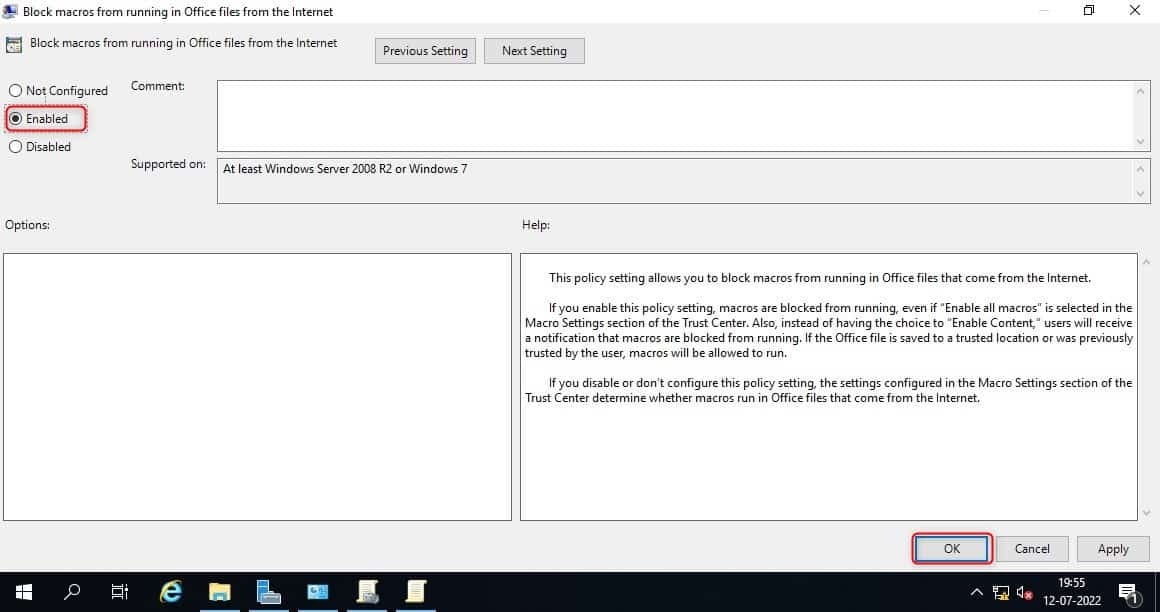 Enable The Block Macros From Running Office Files From The Internet Policy