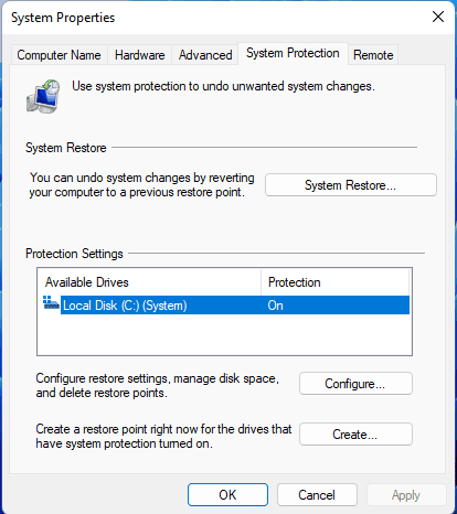 Create System Restore Point In Windows 11