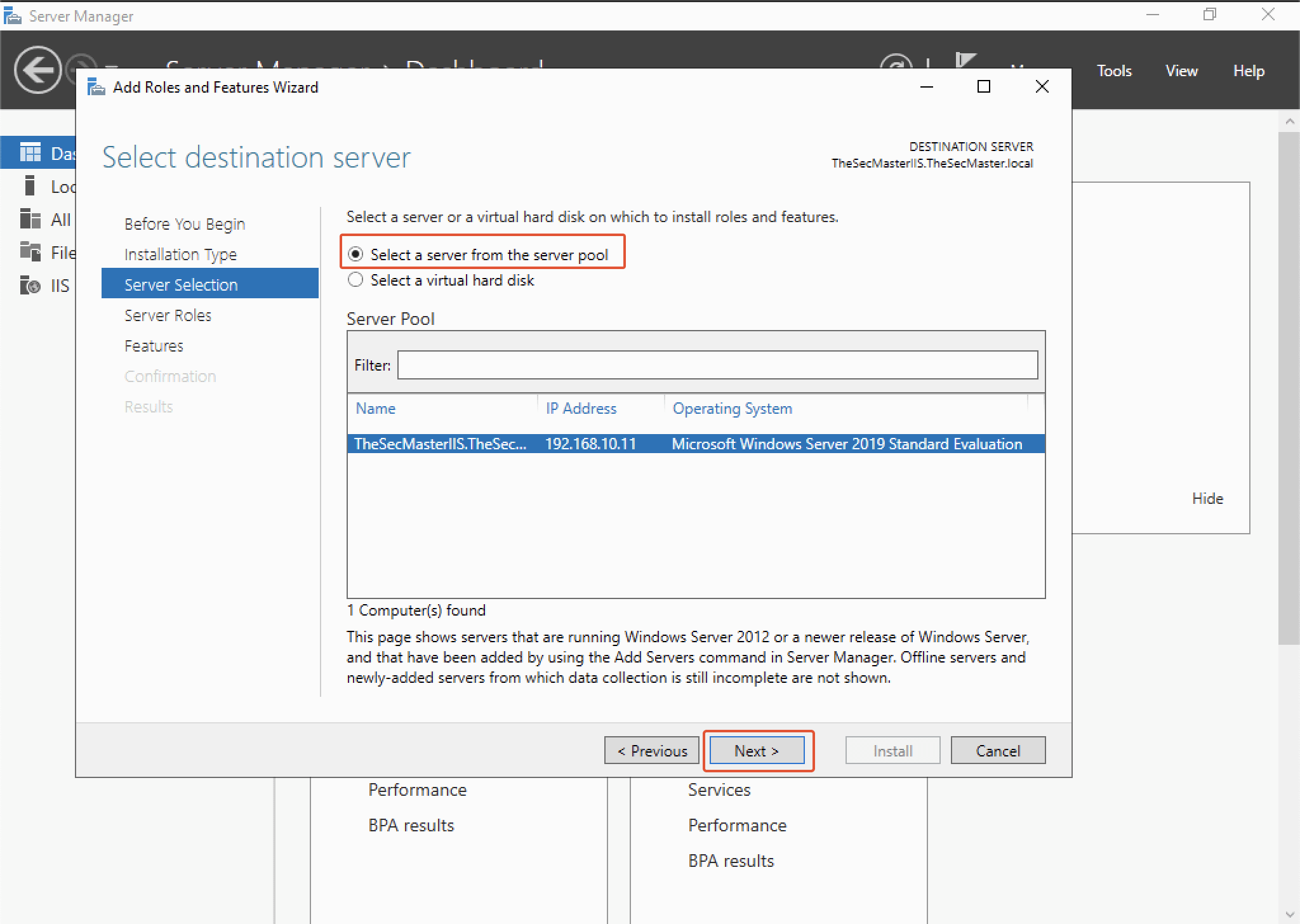 Select The Destination Server During The Installation Of Iis On The Windows Server