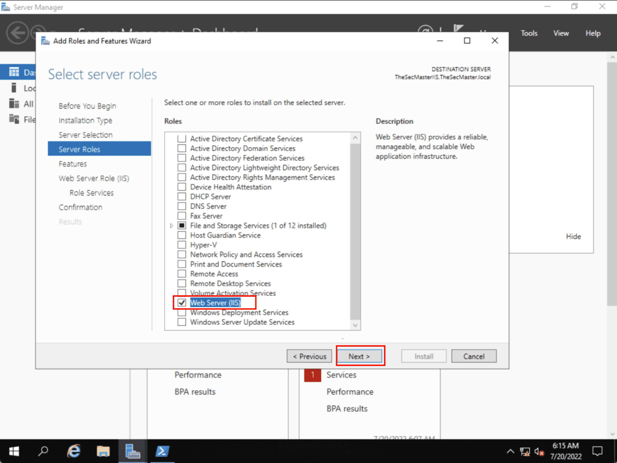 Select The Roles To Install Iis On The Selected Server