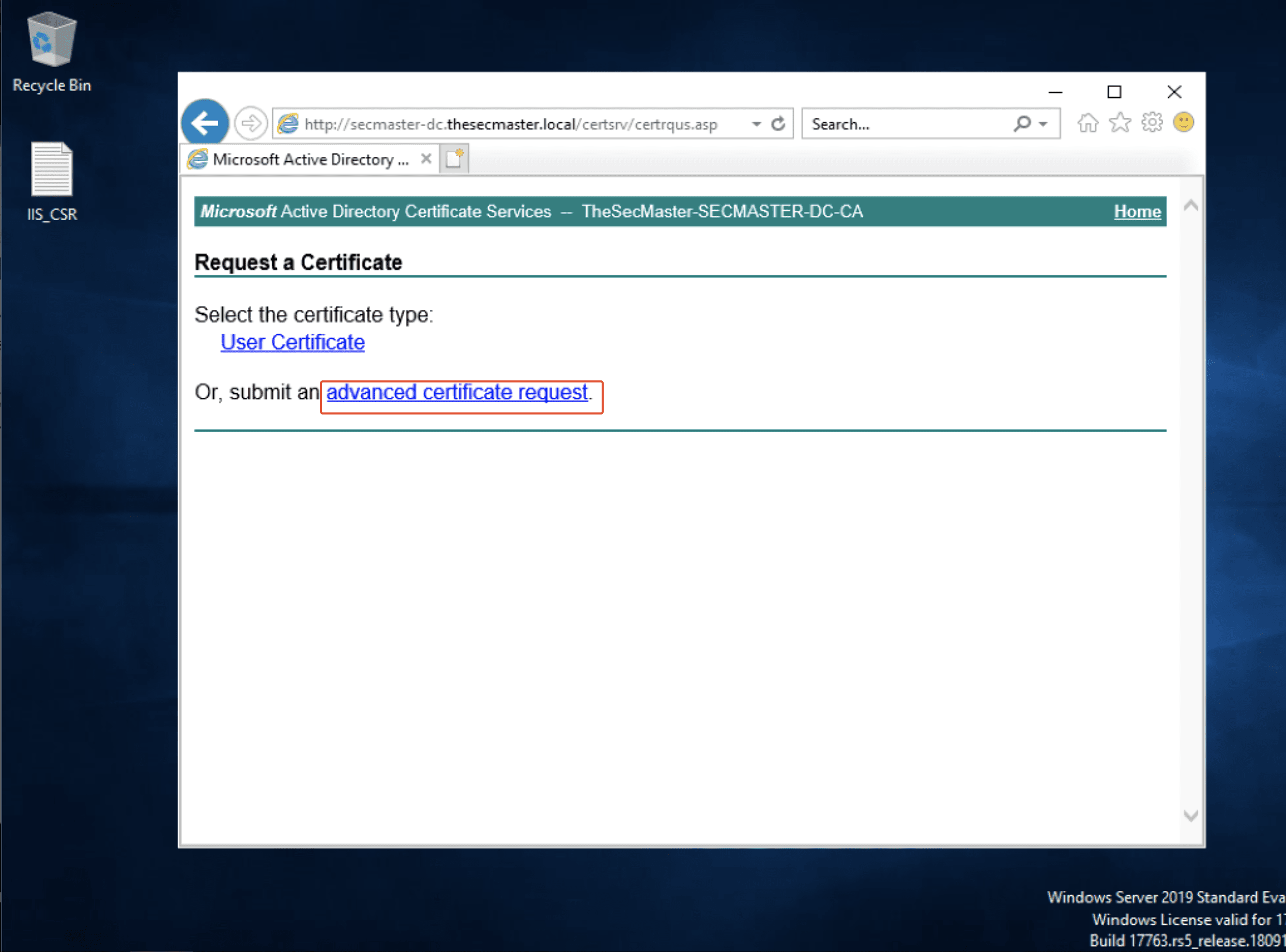 Select The Certificate Type In Adcs Portal