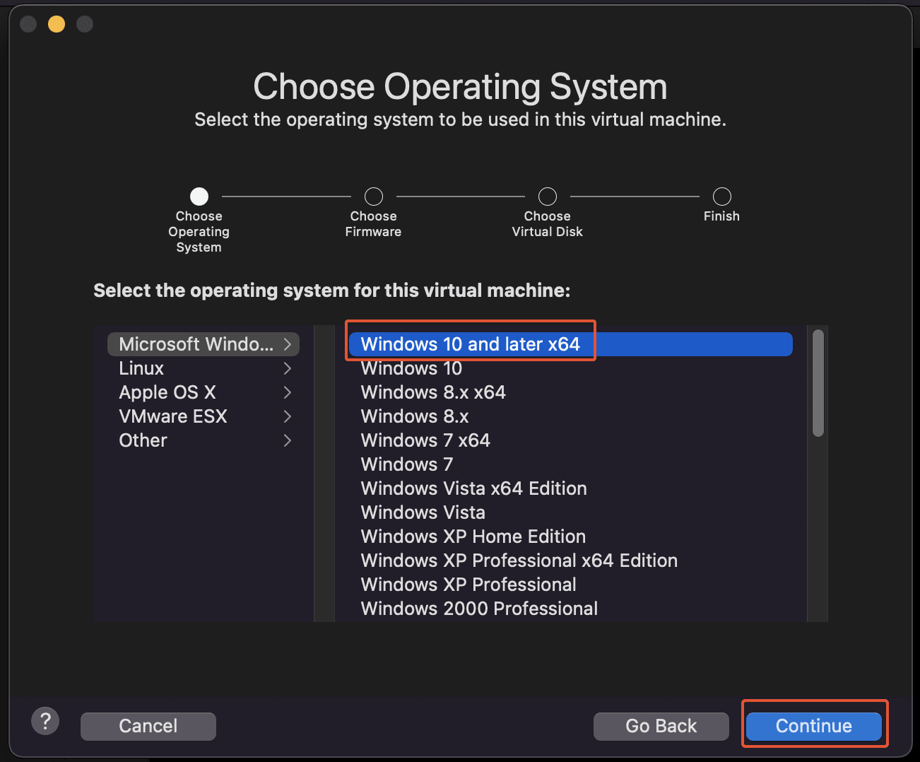 Choose The Operating System To Be Used In This Virtual Machine