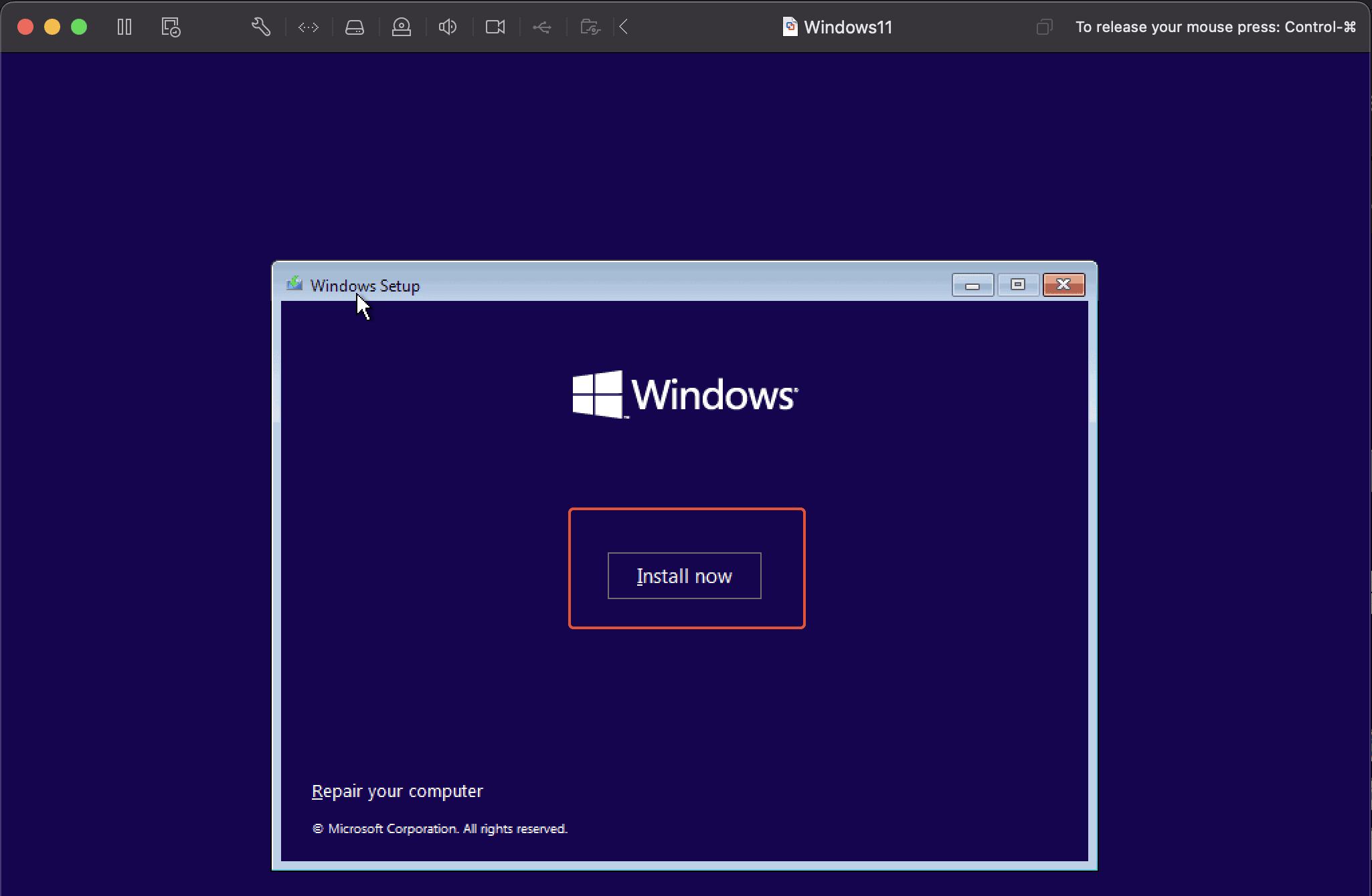 Click On Install Now Button To Begin The Installation Of Windows 11 On Vmware Fusion On Mac