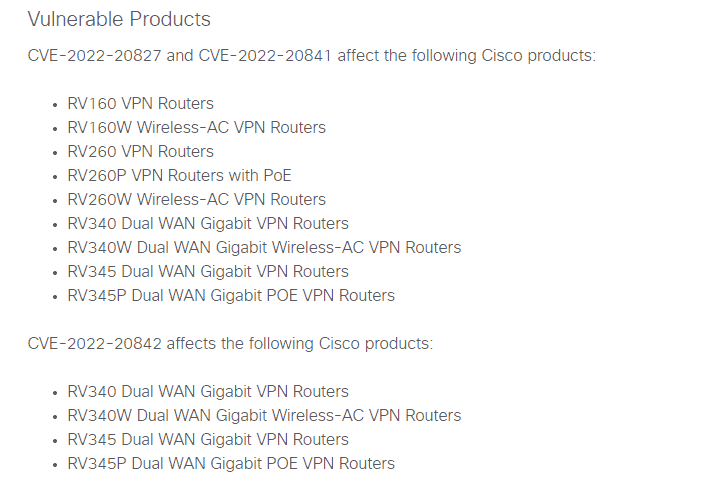 List Of Cisco Rv Series Router Models Affected By Cve 2022 208421 And Cve 2022 20827