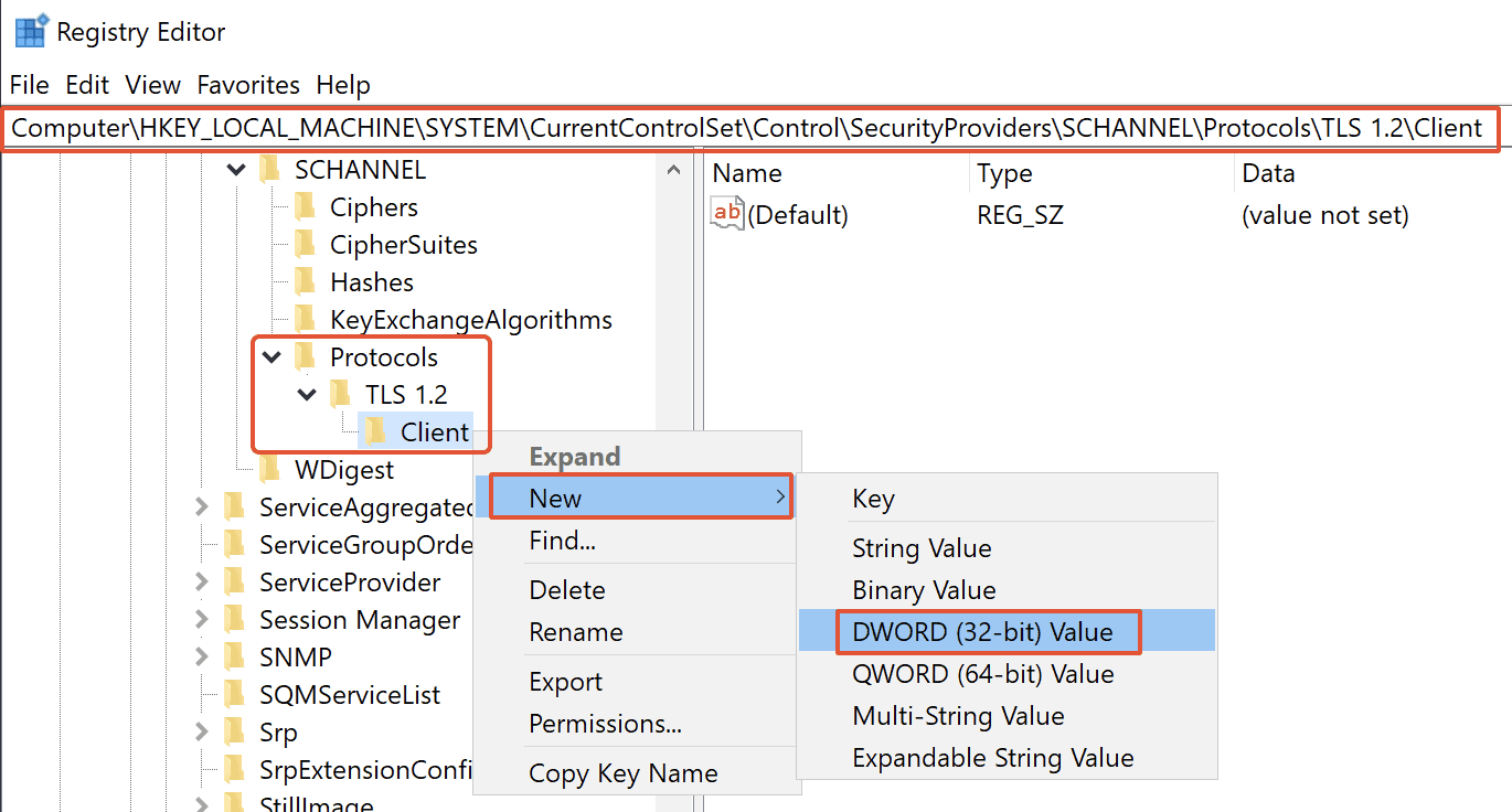 Create New Item Dword 32 Bit Value Underneath Client Select New