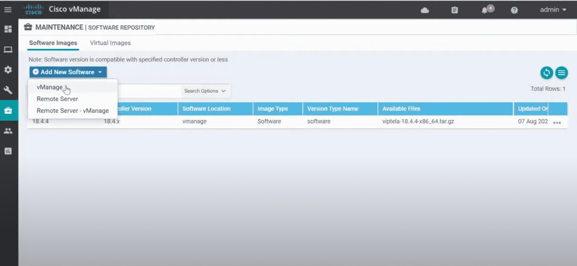 Adding The Upgrade Image To The Cisco Vmanage Software