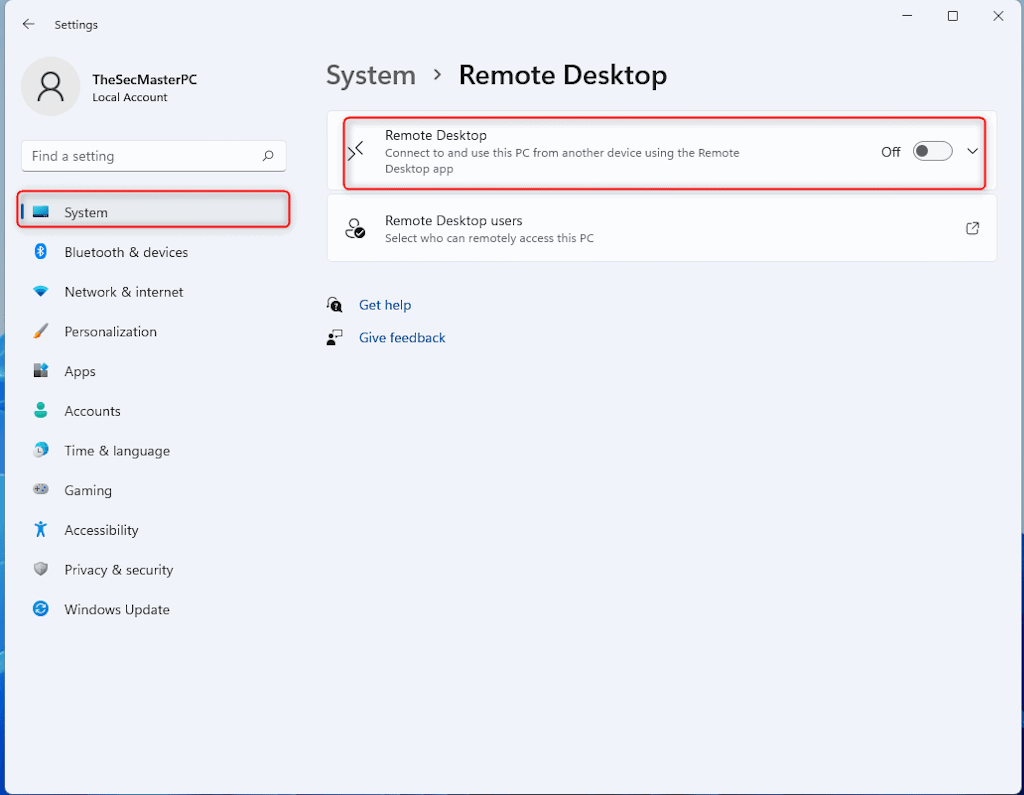 An Image To Manage Remote Desktop Feature Under Settings