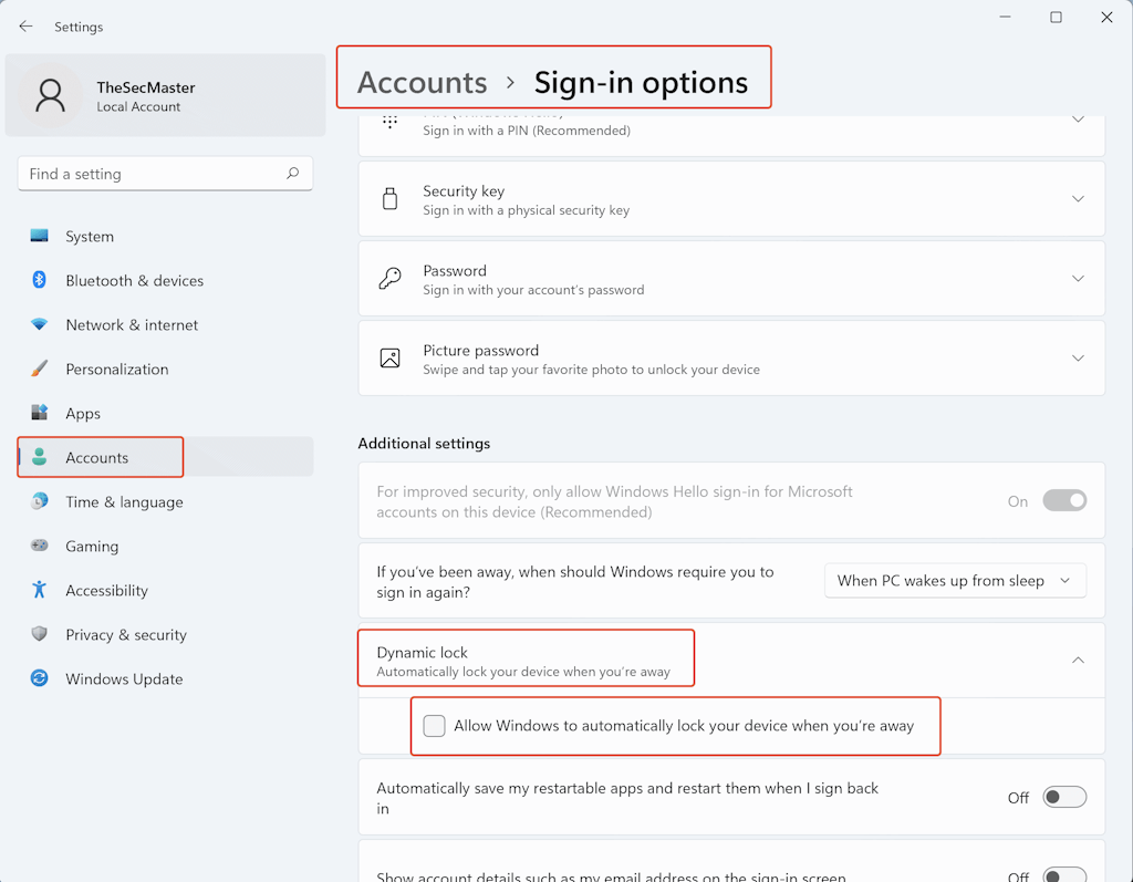 An Image To Setup Dynamic Lock Under Sign In Options