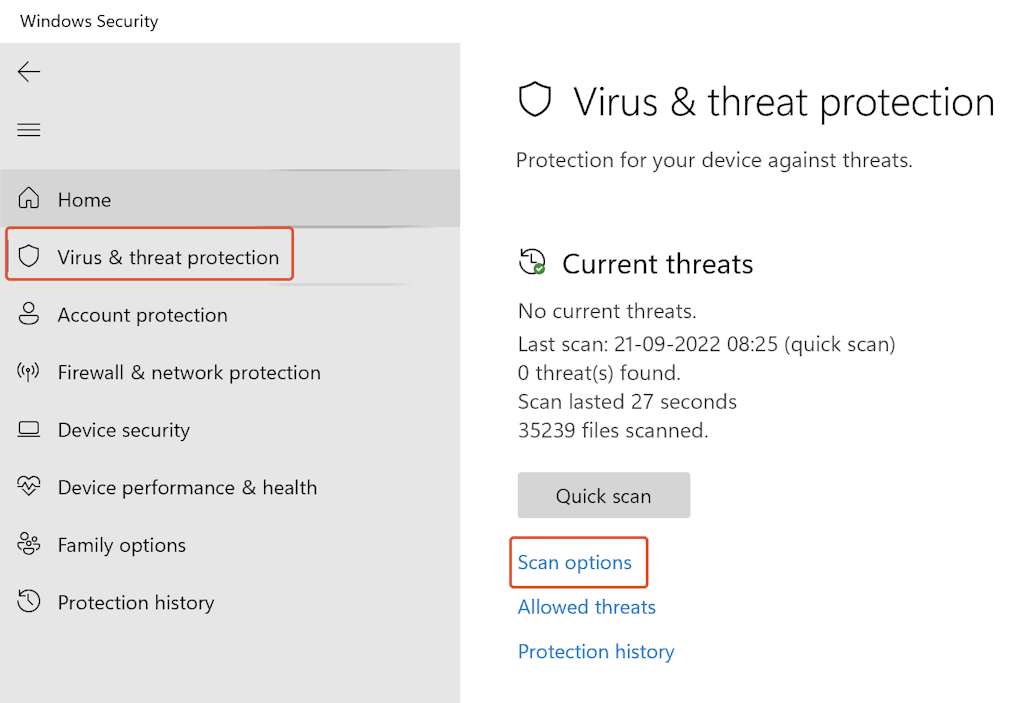An Image To Perform Windows Scan Manually Under Virus Threat Protection