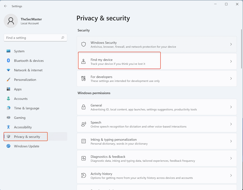 An Image To Setup Find My Device Under Privacy Security