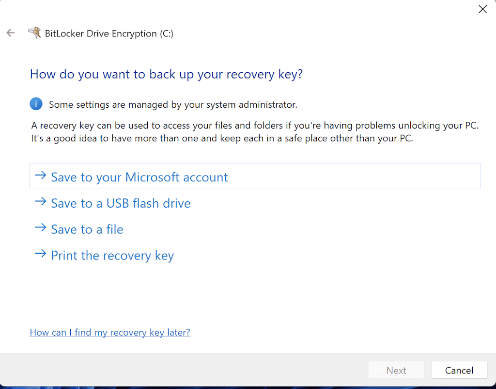 An Image To Select Option To Setup Recovery Key