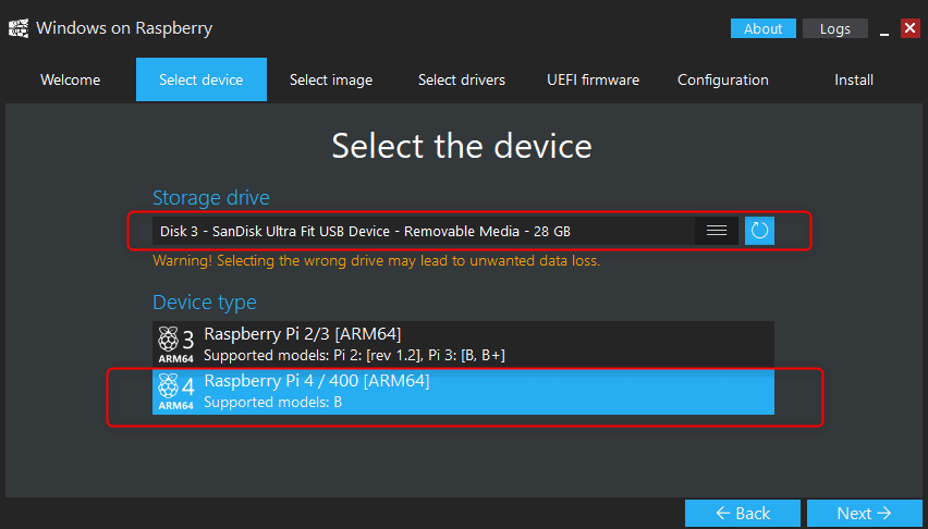 Select The Storage Device Device Type