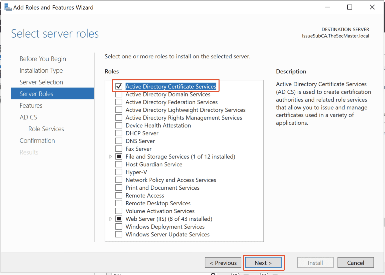 Select E2 80 98active Directory Certificate Services Role