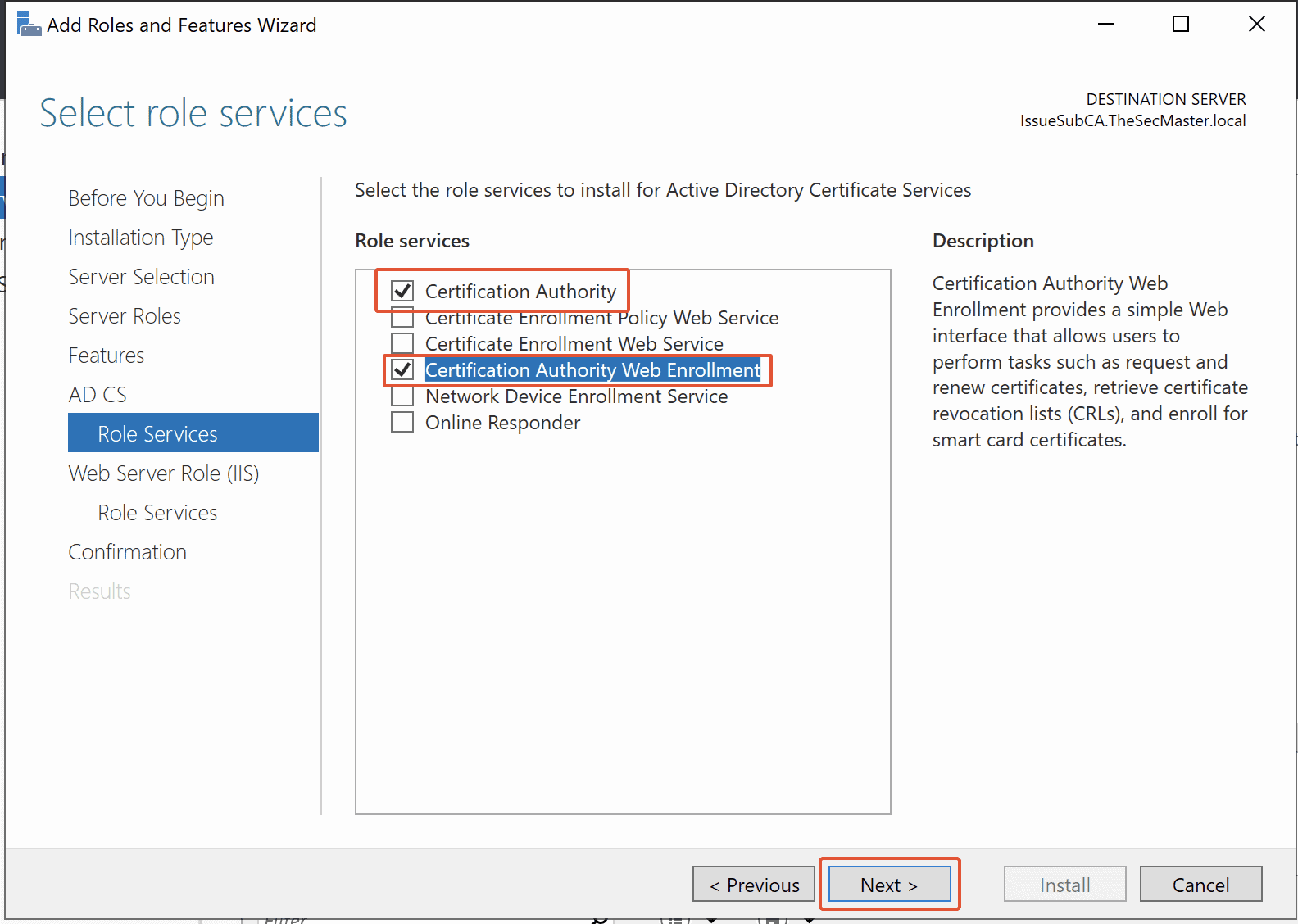 Select E2 80 98certificate Authority And E2 80 98certification Authority Web Enrollment Roles