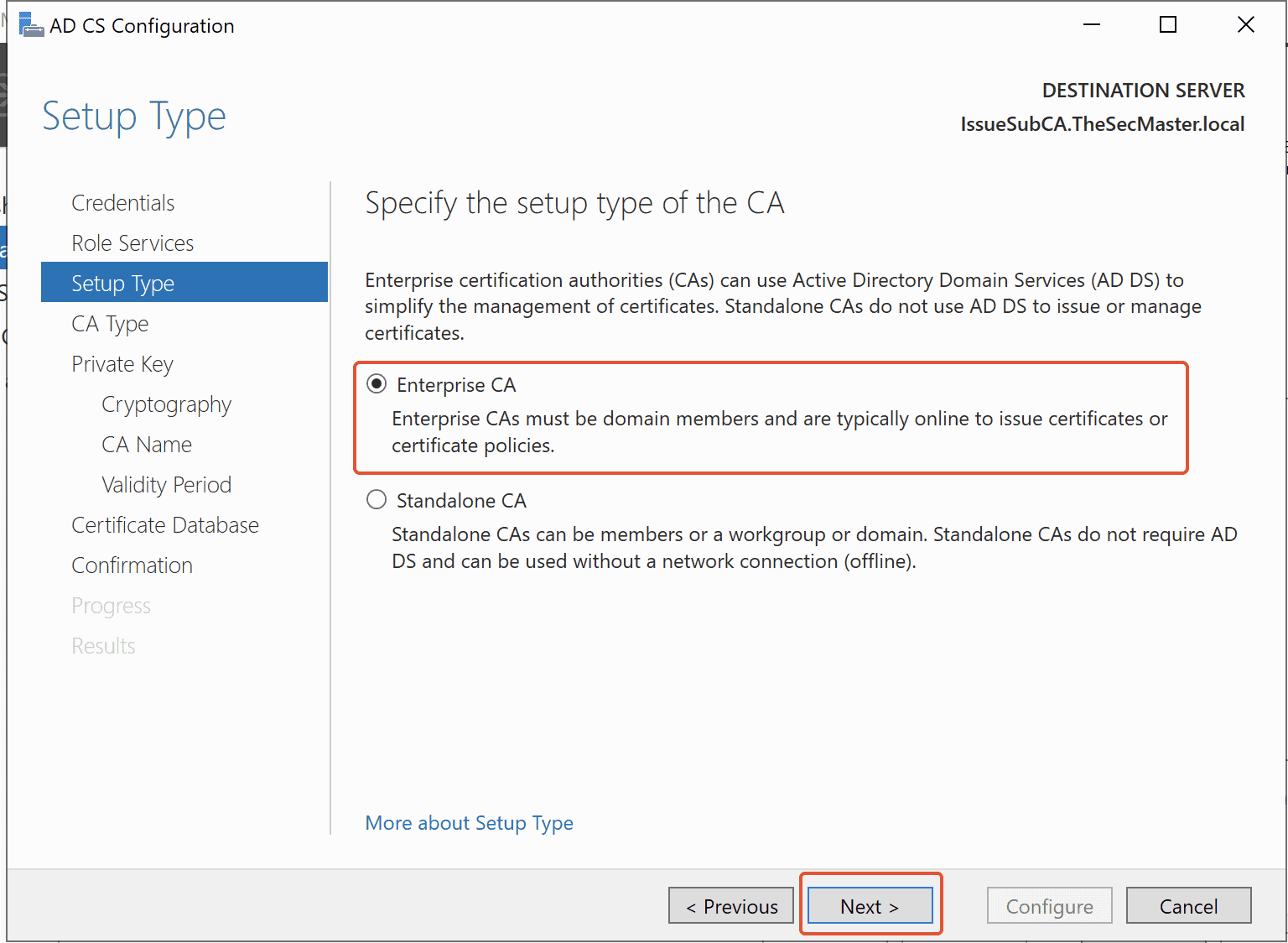 Select The Enterprise Ca In The Adcs Configuration Wizard