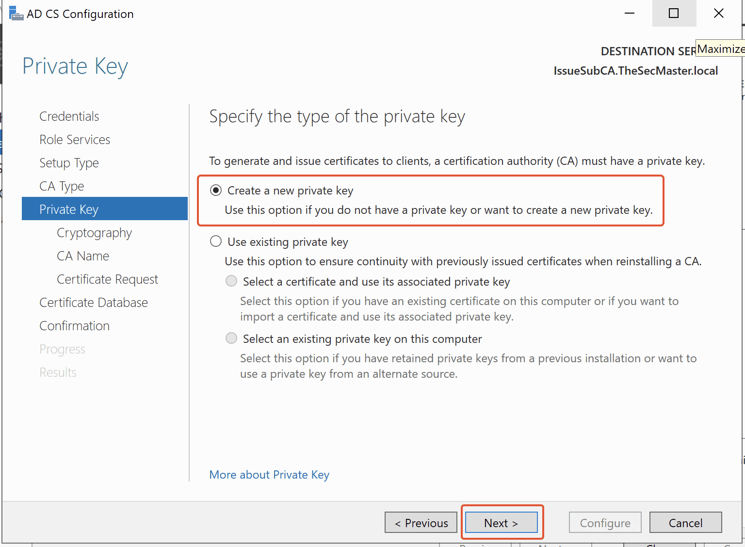 Create A New Private Key For Enterprise Issuing Ca