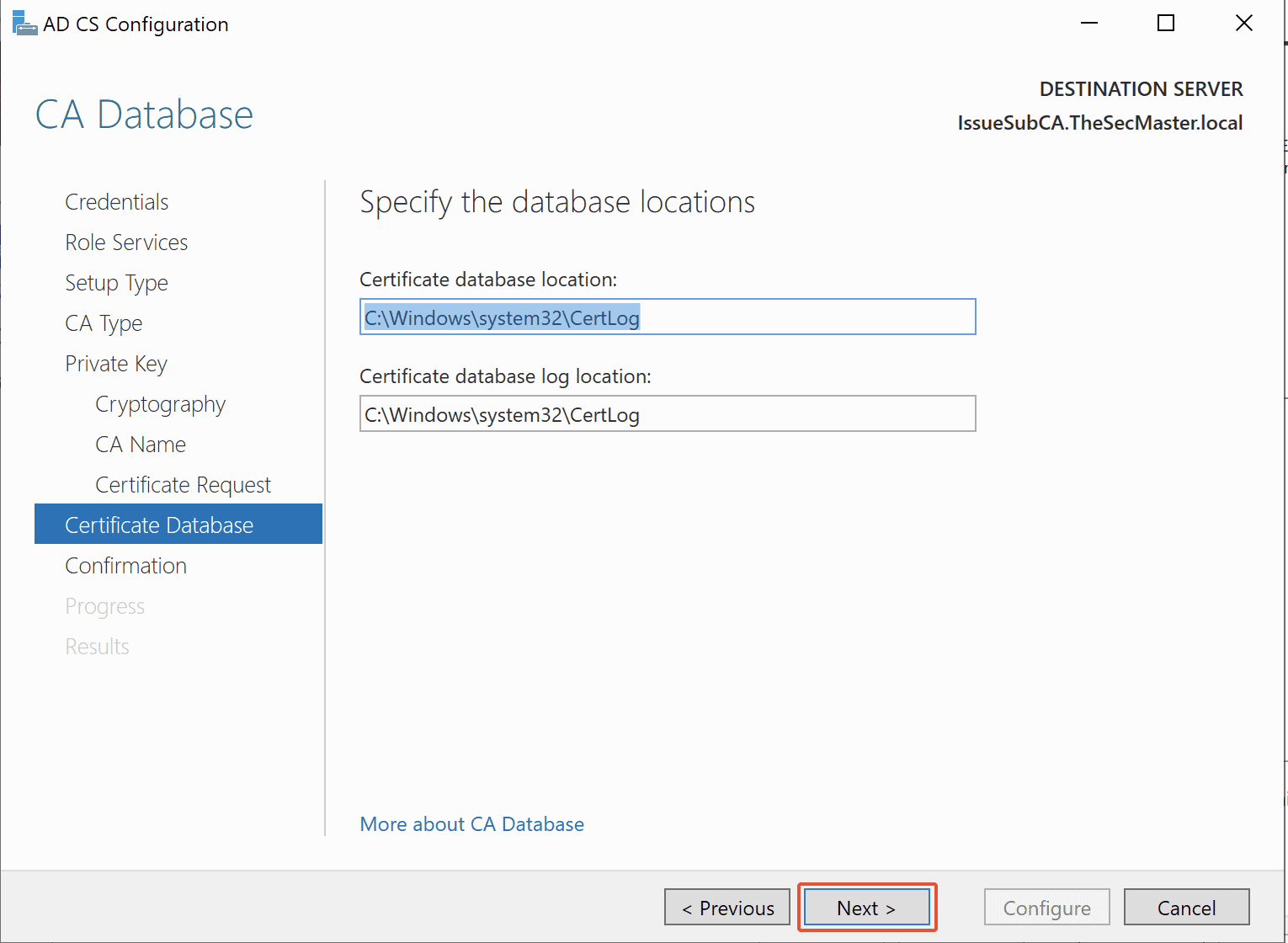 Specify Database Logs Location For Enterprise Issuing Ca