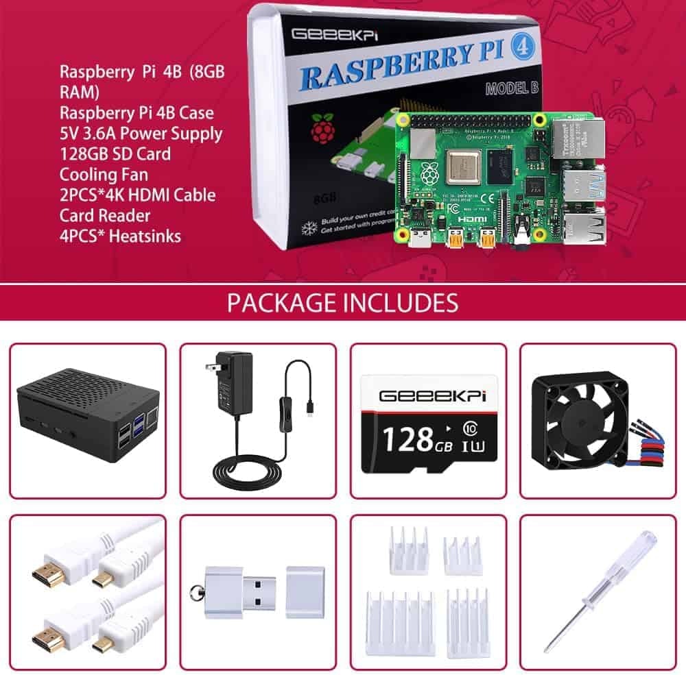 Geeekpi Raspberry Pi 4 8gb Starter Kit 128gb Edition Raspberry Pi 4 Case With Pwm Fan Raspberry Pi 18w 5v 36a Power Supp 1