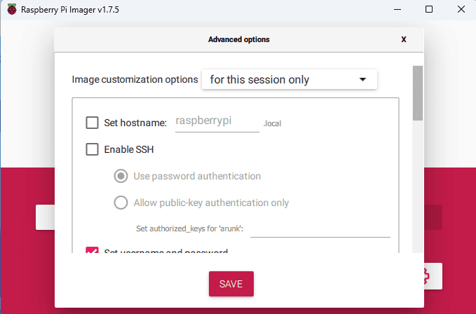 Advance Options In Raspberry Pi Imager