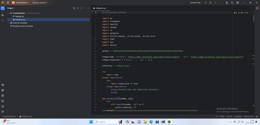 Vtsearch Python Script Opened In Pycharm