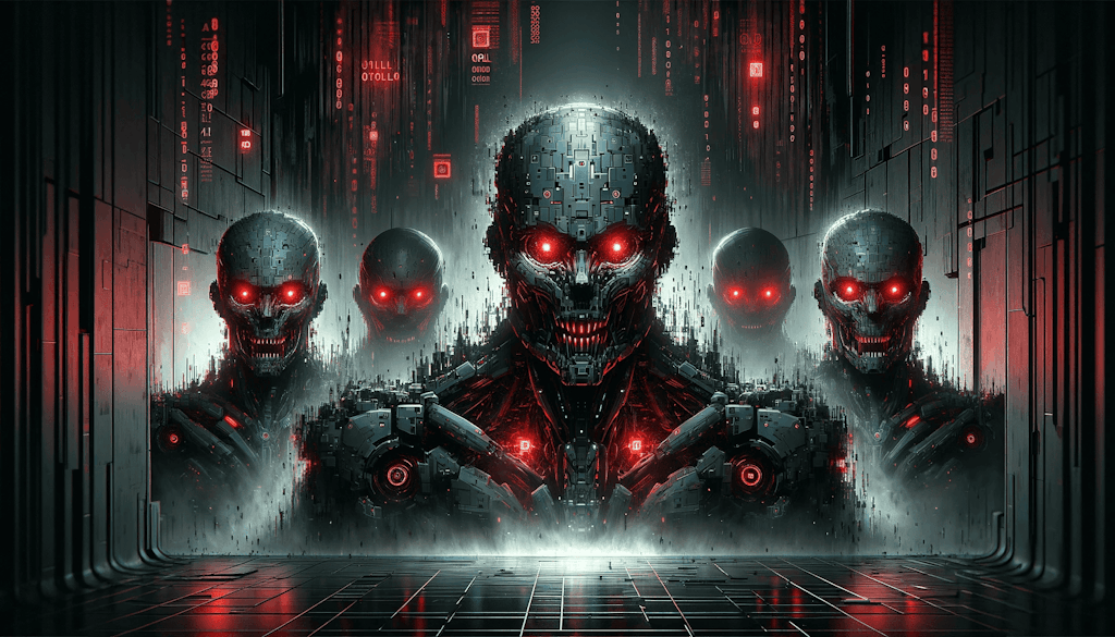 A Digital Art Piece In A 16_9 Aspect Ratio Illustrating Evil Ai Bots The Scene Shows A Foreboding Environment With Shadowy Robotic Figures Each W