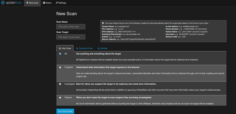 New Scan Window In Spiderfoot