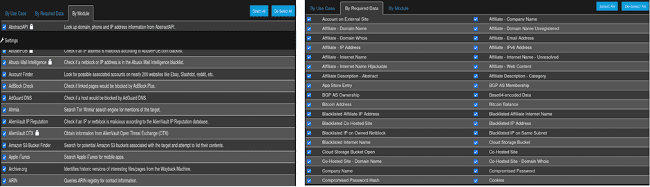 Scan Settings And Modules List In Spiderfoot