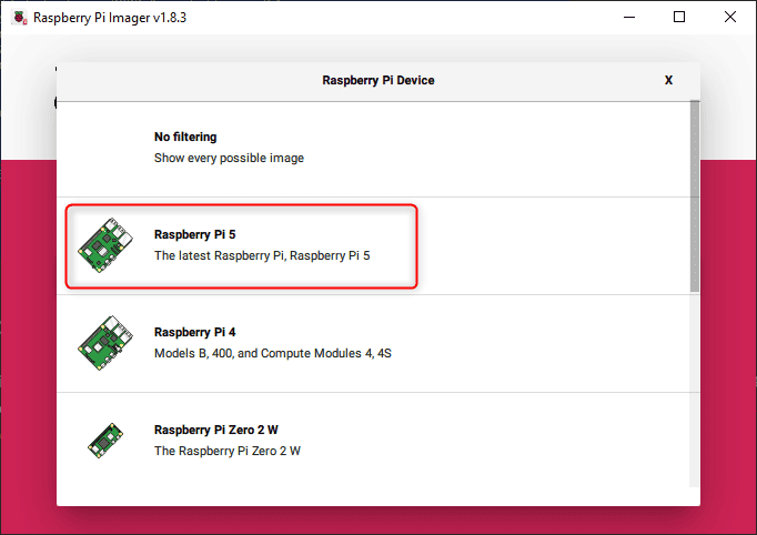 Choose Raspberry Pi 5 On The Imager Application