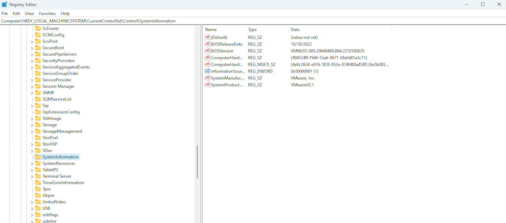 Values For Different Keys In Windows Registry