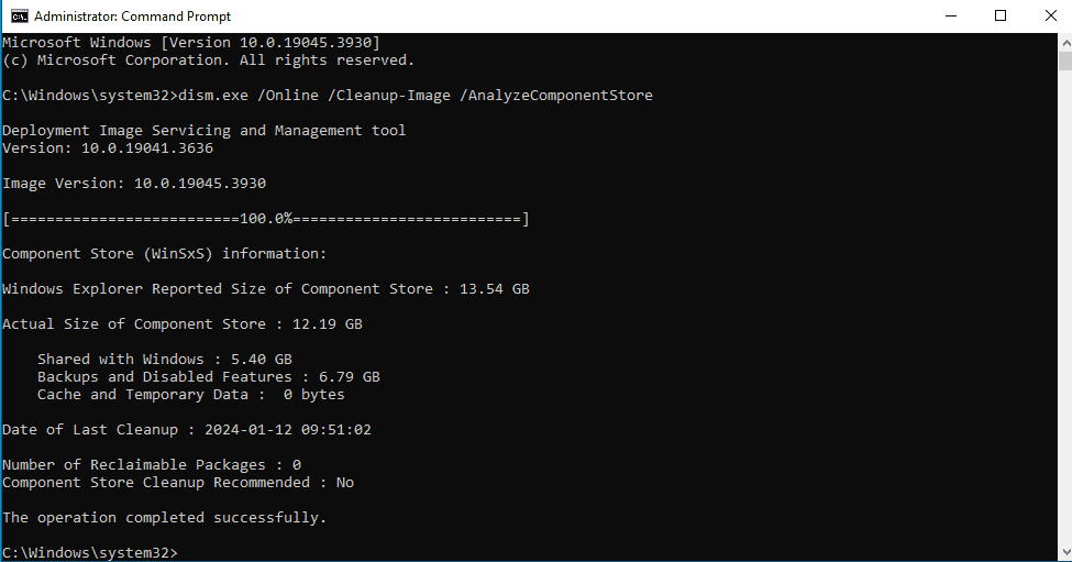 Command To Analyze The Component Store Upon The Windows Update