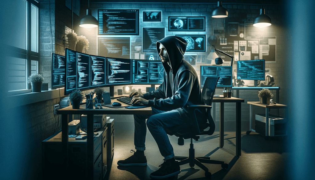 A Realistic Photograph Of An Ethical Hacker In A Cybersecurity Environment The Image Shows A Person In A Modern Office Surrounded By High Tech Equip