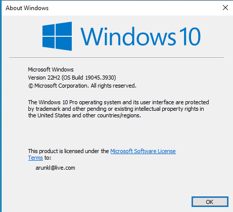 Screenshot of the 'About Windows' dialog showing Windows 10 Version 22H2 (OS Build 19045.3930) with a license attributed to an email address.