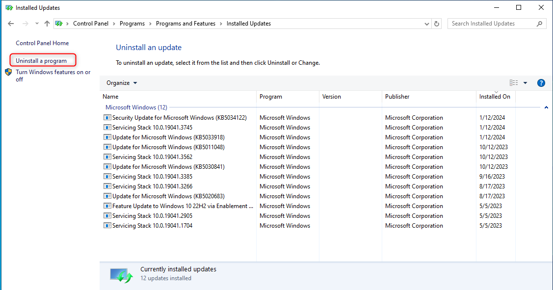 Screenshot of the 'Installed Updates' section in Windows Control Panel, showing a list of Microsoft Windows updates with installation dates.