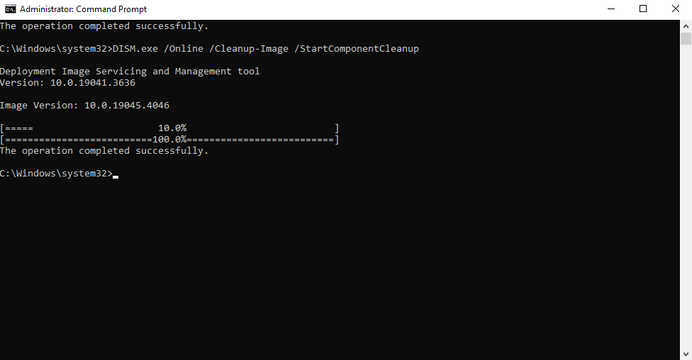 A command prompt window displaying the successful completion of a DISM command to perform a start component cleanup on a Windows system.